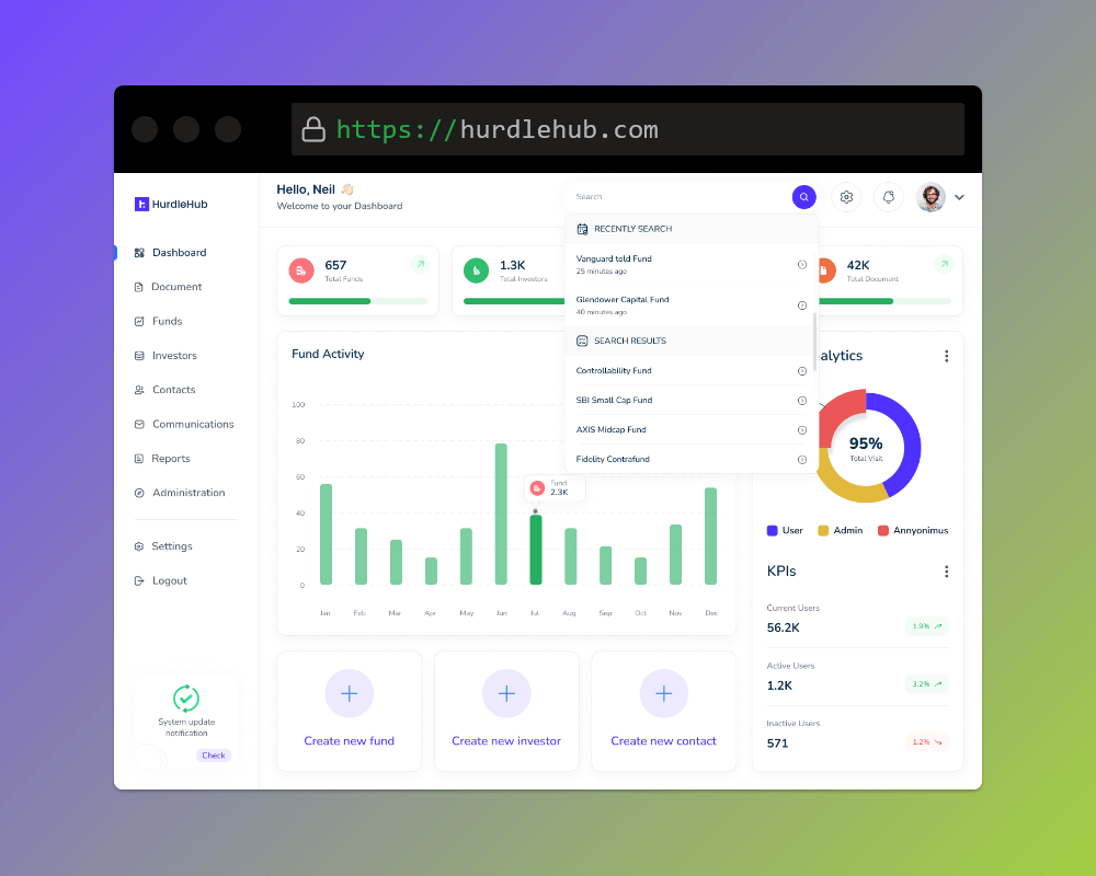 Hurdlehub dashboard showing VC back office task management